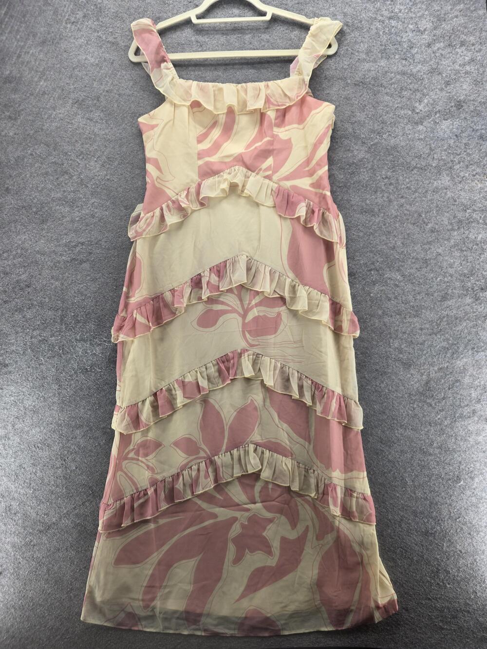 Pretty Lavish Dress Womens US 8 Pink Beige Maxi Ruffle Floral Midi Sleeveless